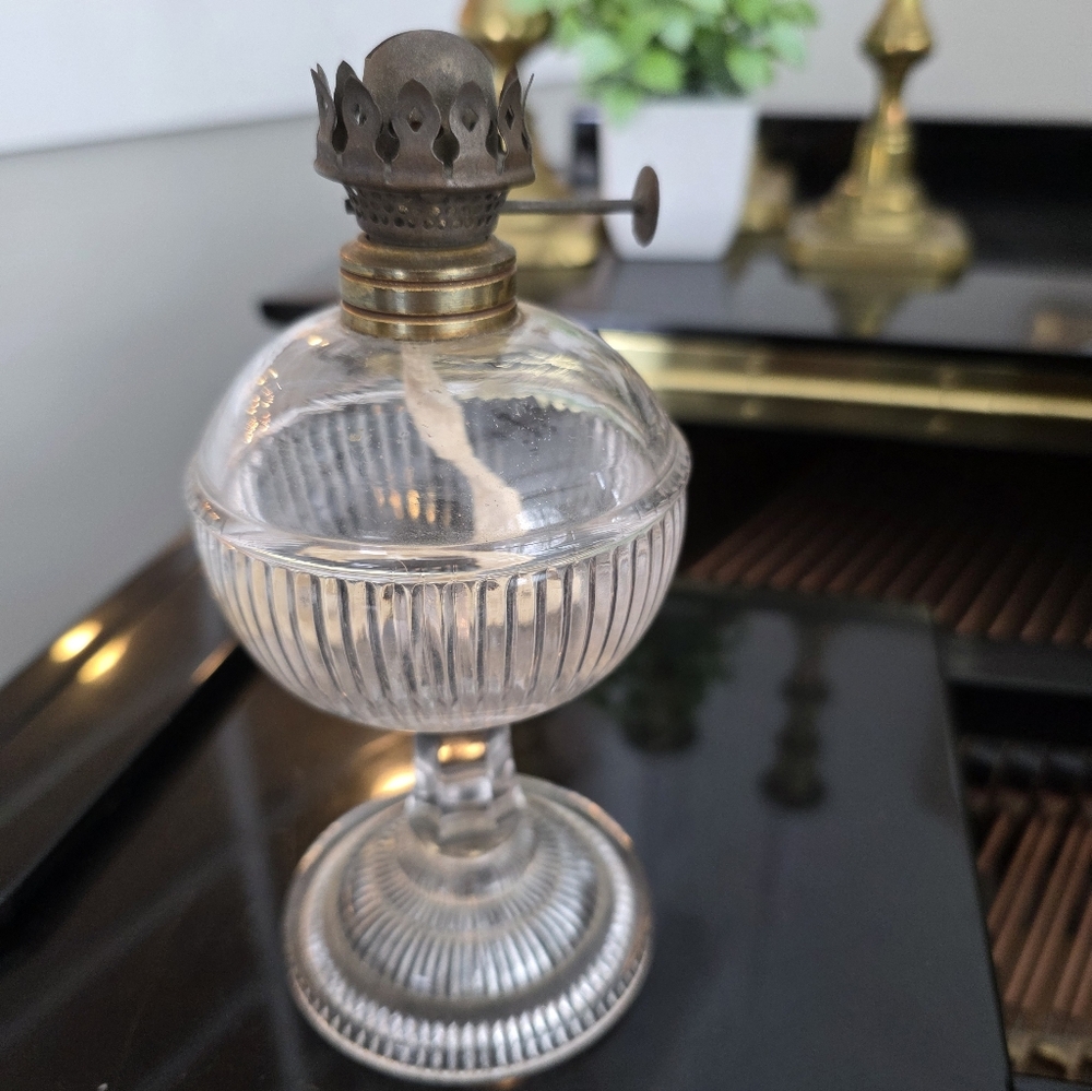 Vintage Ribbed Clear Glass Pedestal Oil Lamp